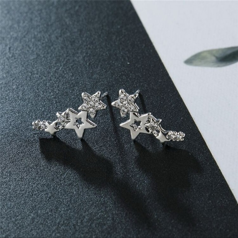 Silver Star shaped, Rhinestone Starburst Boho Celestial Earrings - Picture 4 of 7